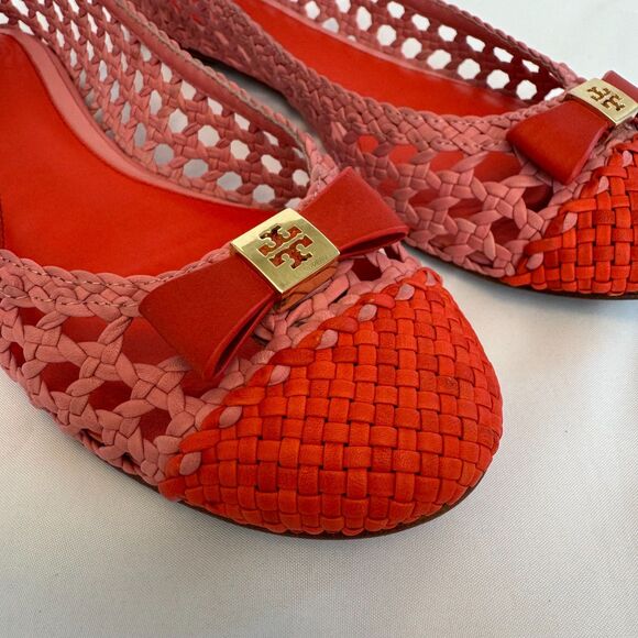 Tory Burch Pink and Orange Leather Woven Carlyle Ballerina Flats Size 8.5 - Picture 3 of 7